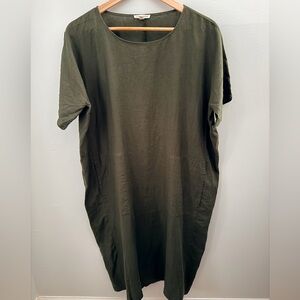 Eileen Fisher Olive Green 100% Linen Shift Dress S/P Coastal Grandma Lagenlook